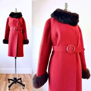 Vintage 60’s mod red belted penny lane coat with faux fur collar & sleeve cuffs